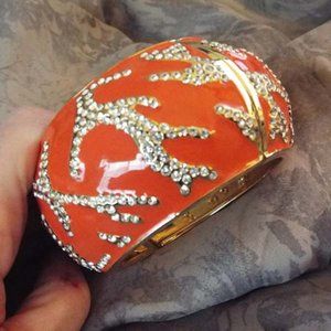 NEW ORANGE ENAMEL RHINESTONE "BRANCHES OF CORAL" RUNWAY CLAMPER BRACELET 32